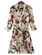 Shein Multicolor Split Side Tie-waist Flowers Print Shirt Dress
