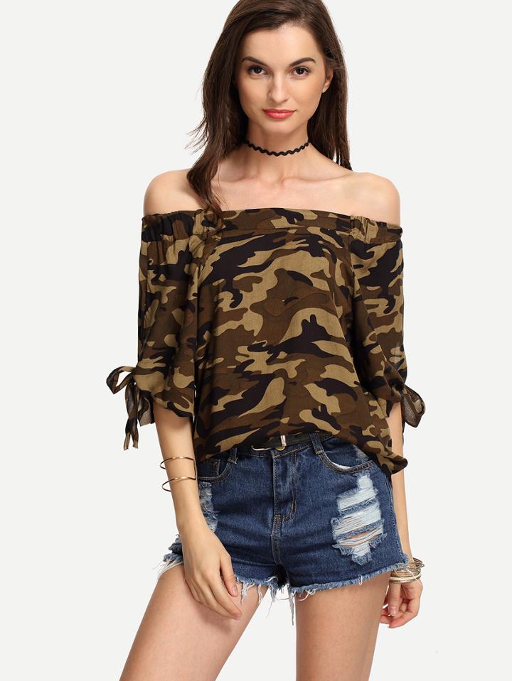 Shein Olive Green Camouflage Off-the-shoulder Tie Sleeve Blouse