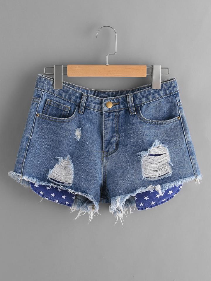 Shein Star Stick Out Pockets Detail Distressed Denim Shorts