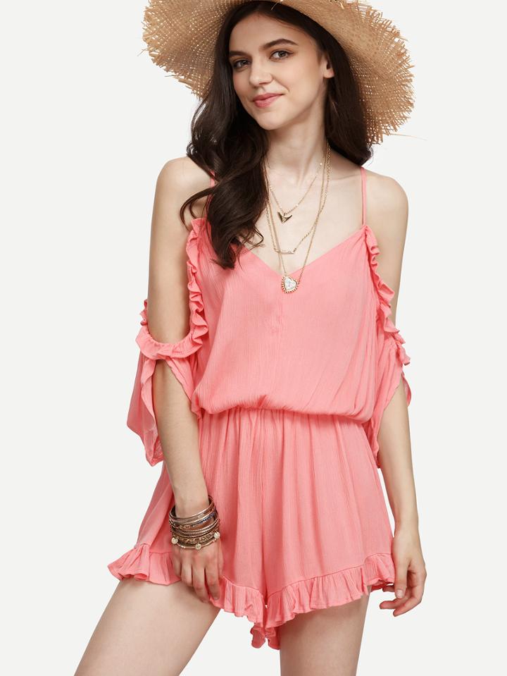 Shein Pink Ruffled Cold Shoulder Split Back Chiffon Romper
