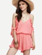 Shein Pink Ruffled Cold Shoulder Split Back Chiffon Romper