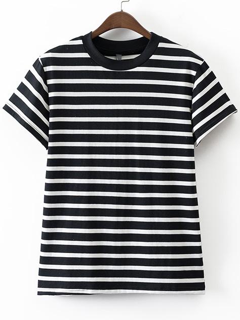 Shein Black And White Crew Neck Stripe T-shirt