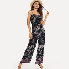 Shein Shirred Panel Botanical And Geo Print Cami Jumpsuit