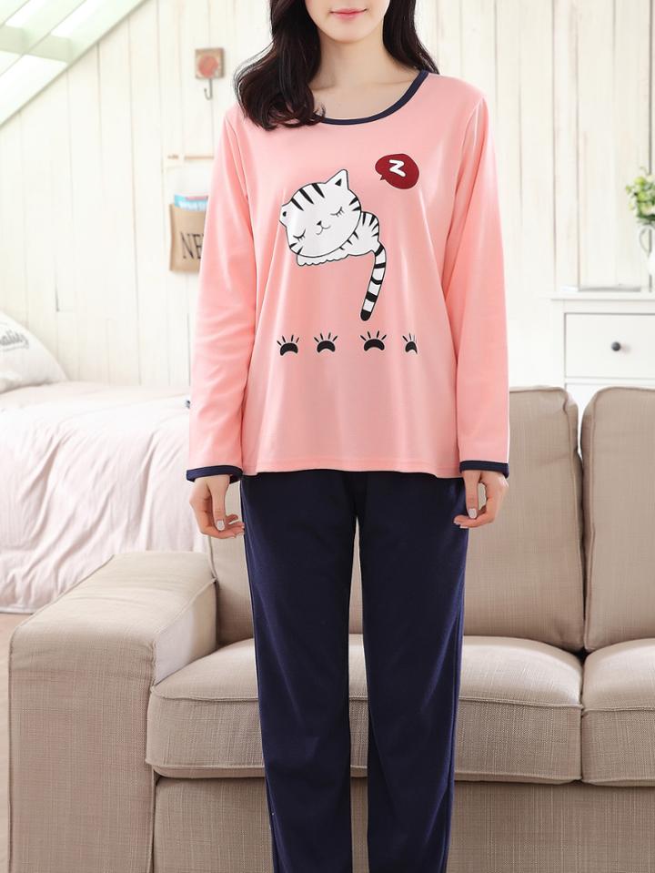 Shein Contrast Trim Cartoon Cat Print Tee & Pants Pj Set