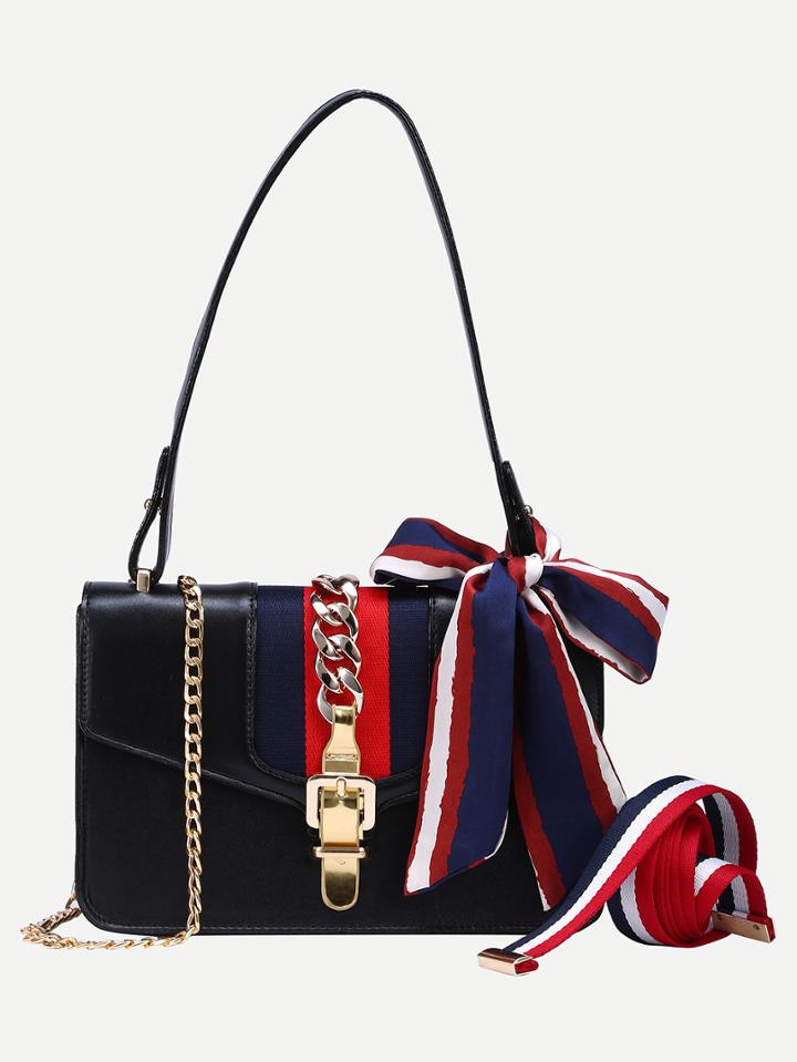Shein Black Chain And Striped Tape Embellished Shoulder Bag