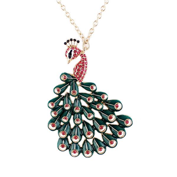 Shein Rose Red Gemstone Gold Peacock Necklace