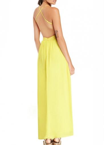 Rosewe Spaghetti Strap Open Back Yellow Backless Dress