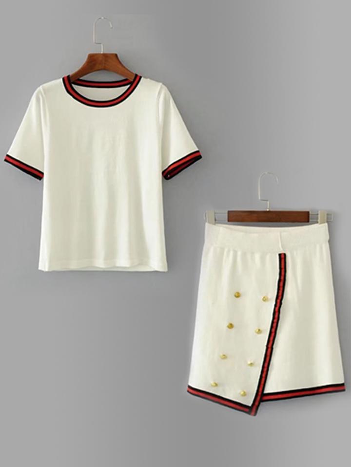 Shein Contrast Binding Knit Tee With Metal Button Detail Skirt