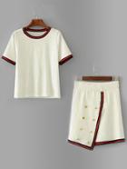 Shein Contrast Binding Knit Tee With Metal Button Detail Skirt