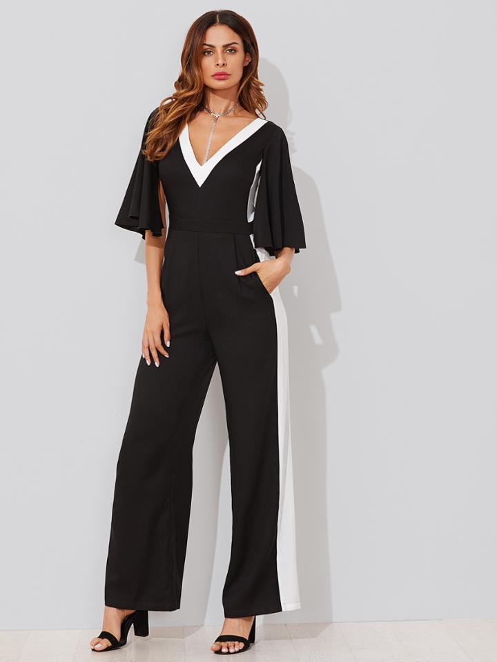 Shein Contrast Panel Tie Back Cape Sleeve Jumpsuit