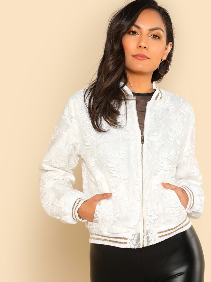 Shein Striped Trim Embroidered Organza Overlay Jacket