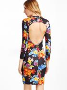 Shein Black Flower Print Open Back Sheath Dress