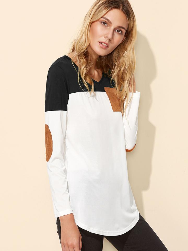 Shein Color Block Elbow Patch Curved Hem T-shirt