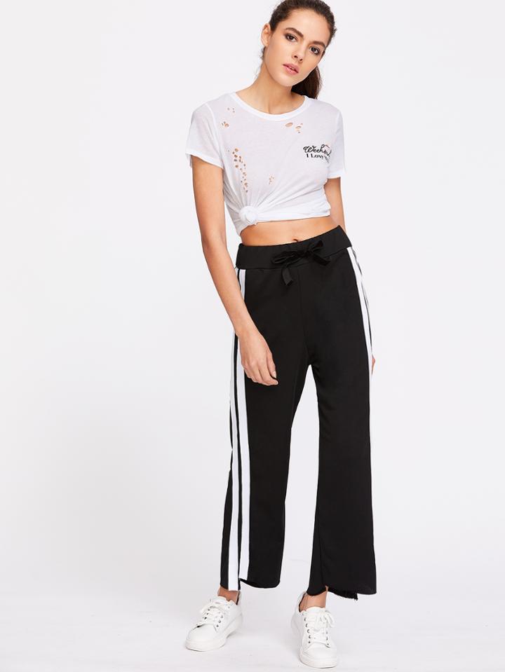 Shein Black Striped Side High Low Raw Hem Pants