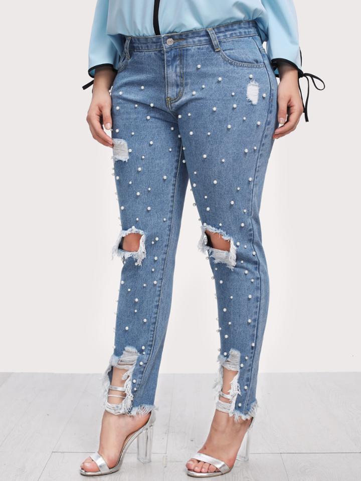 Shein Pearl Embellished Ripped Raw Hem Jeans