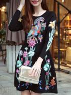 Shein Black Round Neck Long Sleeve Patch Embroidered Knit Dress
