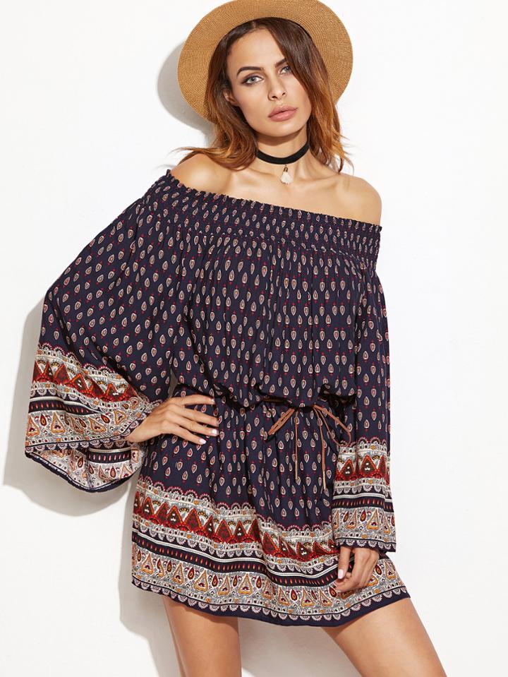 Shein Navy Ornate Print Kimono Sleeve Smocked Off The Shoulder Dress