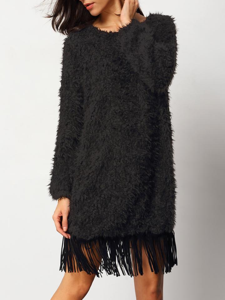 Shein Black Crew Neck Tassel Faux Fur Dress