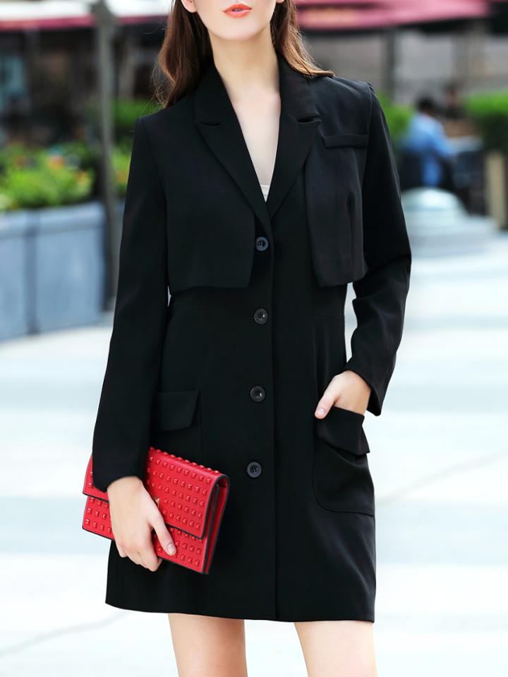 Shein Black V Neck Short Jacket Two-piece Dress