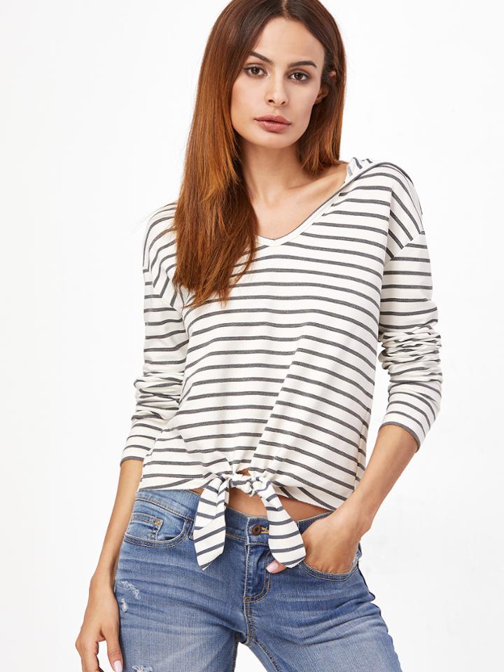 Shein Grey And White Striped Knot Front Hooded T-shirt
