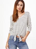 Shein Grey And White Striped Knot Front Hooded T-shirt