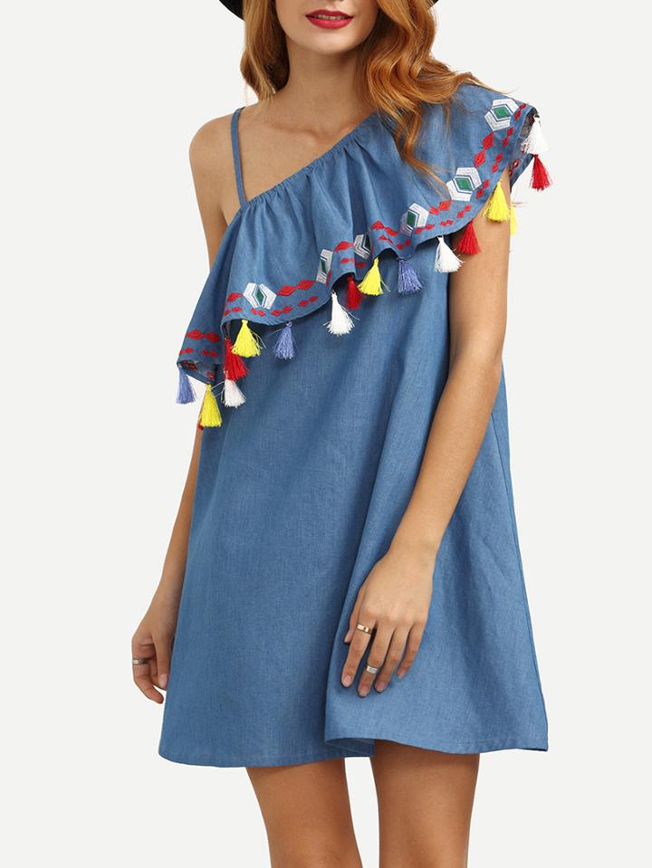 Shein Blue One Shoulder Ruffle Tassel Embroidered Dress