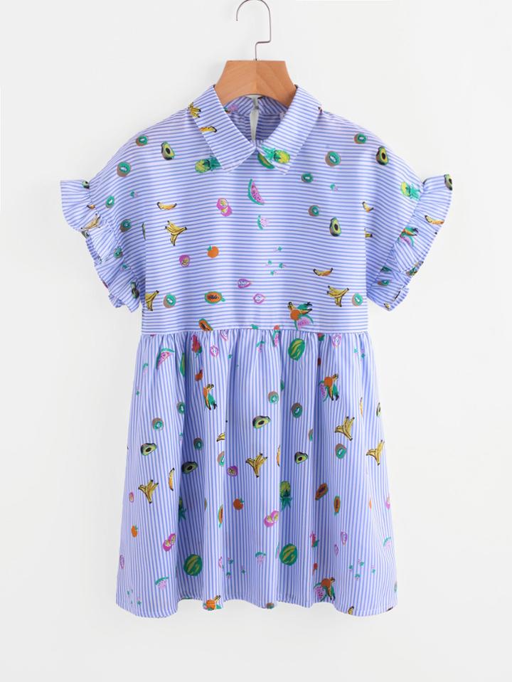 Shein Frill Cuff Stripe Fruit Print Babydoll Blouse