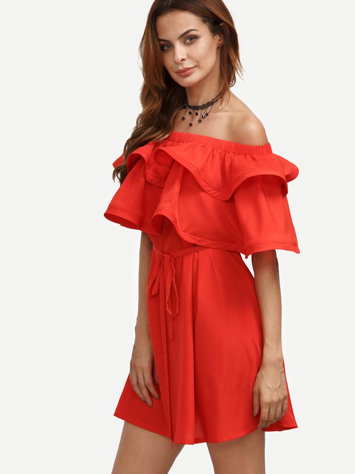 Shein Red Ruffle Tie Waist Off The Shoulder Dress
