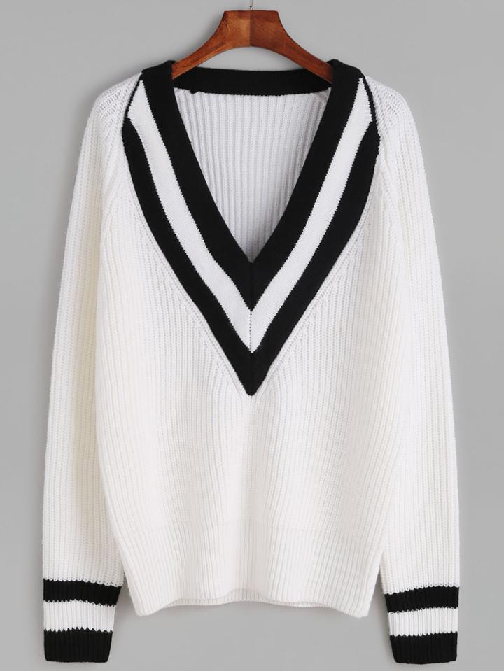 Shein White Striped V Neck And Cuff Sweater