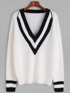 Shein White Striped V Neck And Cuff Sweater