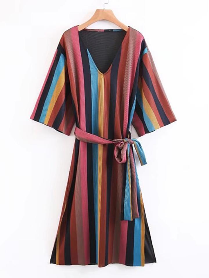 Shein Vertical Striped Tie Waist A Line Dress