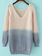 Shein Colour-block V Neck Loose Sweater