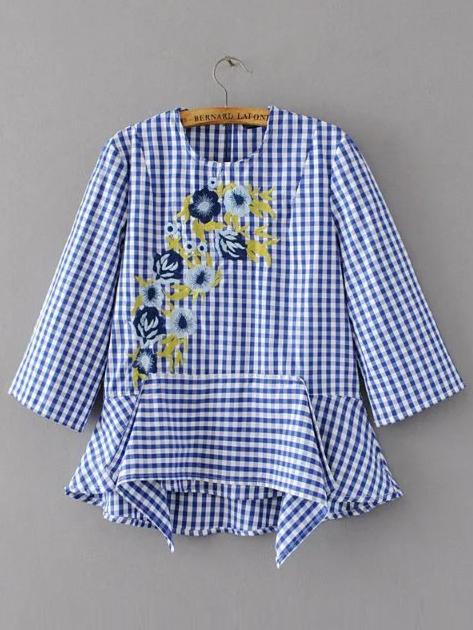 Shein Grid Flower Embroidery Blouse