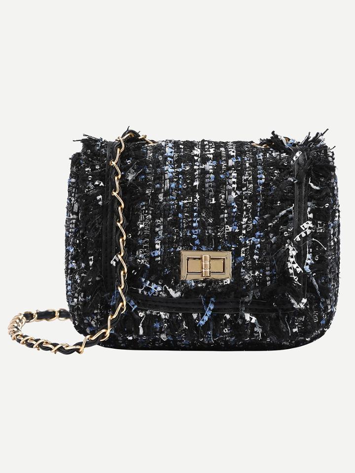Shein Turnlock Closure Tweed Flap Bag - Blue