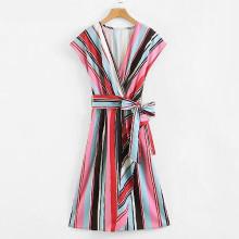 Shein Multi-stripe Belted Wrap Dress