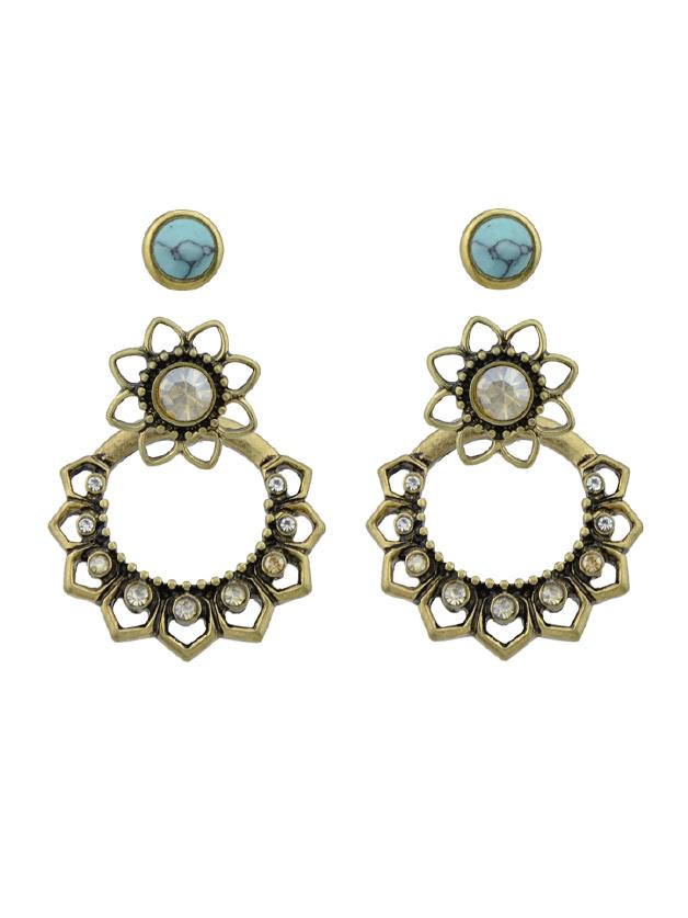 Shein Rhinestone And Blue Stone Flower Stud Earrings