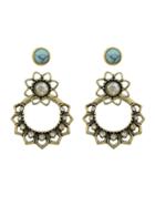 Shein Rhinestone And Blue Stone Flower Stud Earrings