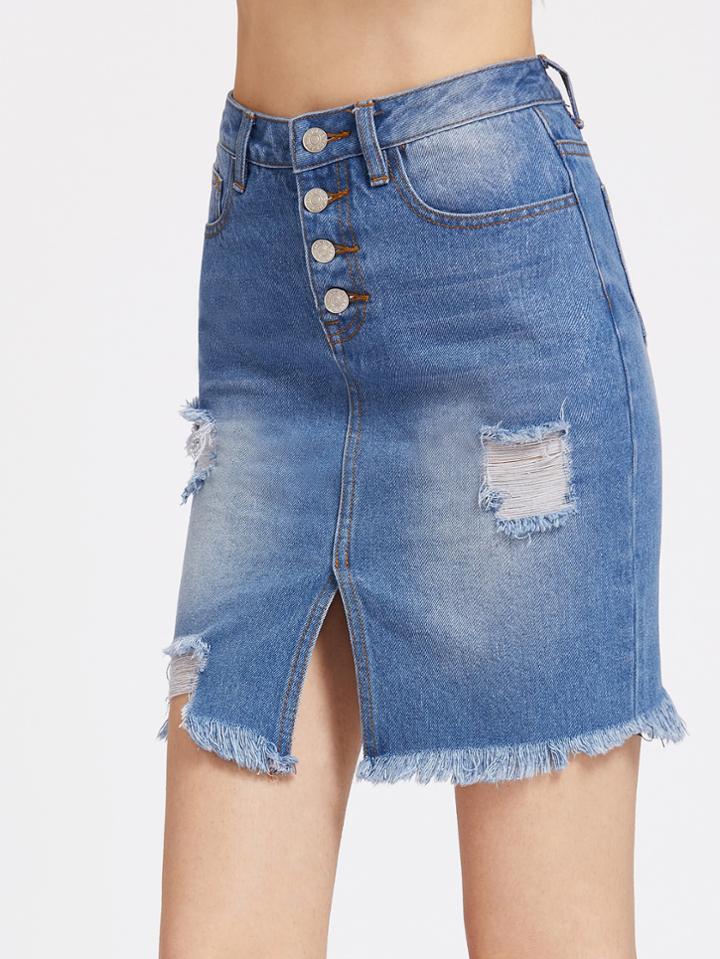 Shein Button Fly Vent Front Bleach Wash Frayed Denim Skirt