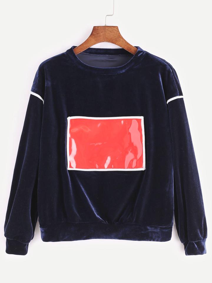 Shein Royal Blue Contrast Patch Velvet Sweatshirt