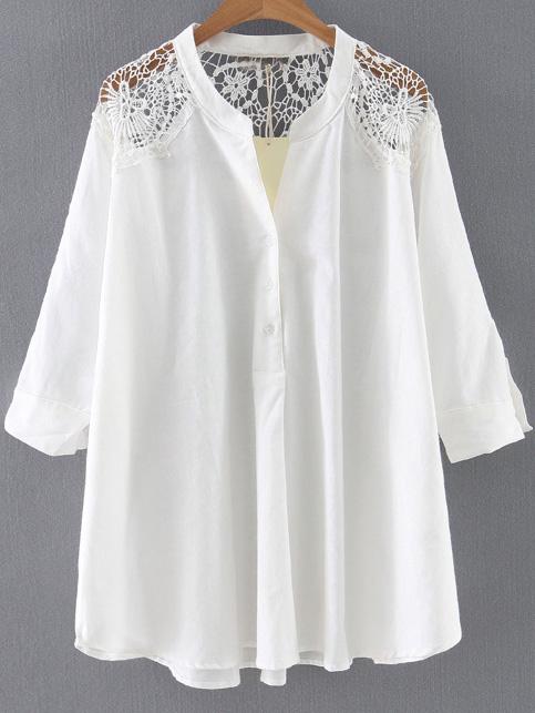 Shein White V Neck Crochet Lace Splicing Blouse