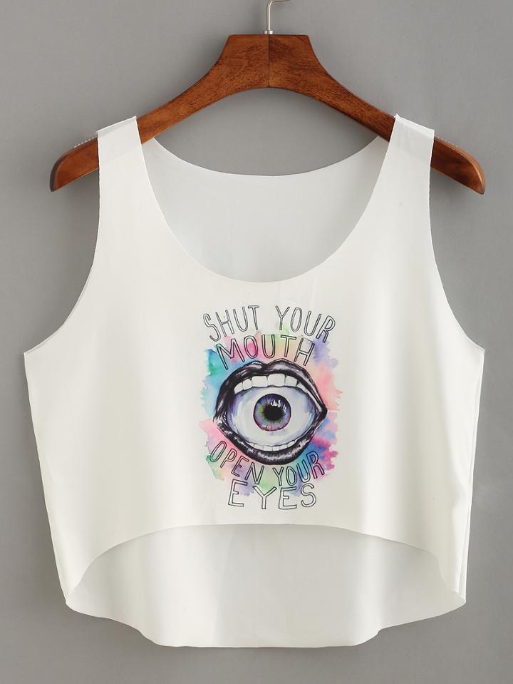 Shein Mouse & Eye Print High-low Crop Tank Top