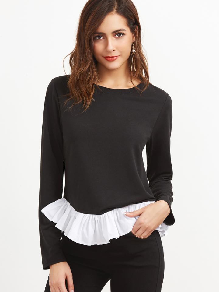 Shein Black Contrast Ruffle Hem T-shirt