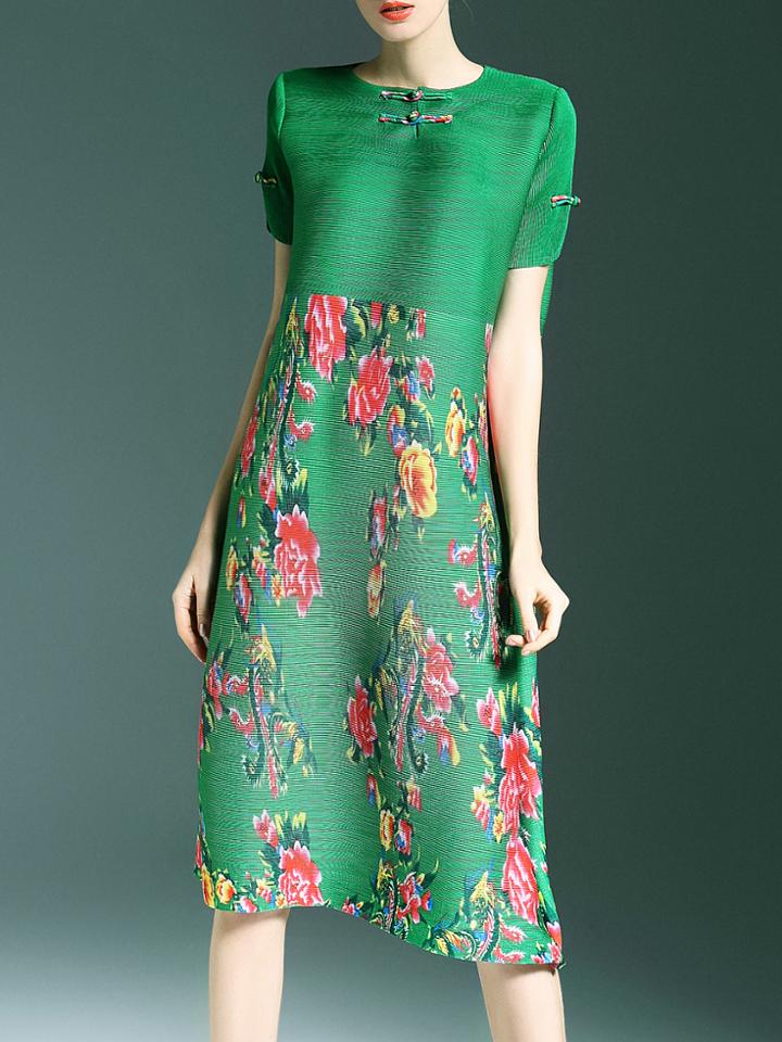 Shein Green Elastic Pleated Floral Shift Dress
