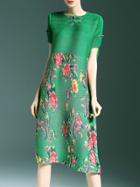 Shein Green Elastic Pleated Floral Shift Dress