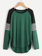 Shein Contrast Raglan Sleeve Striped Dip Hem Tee