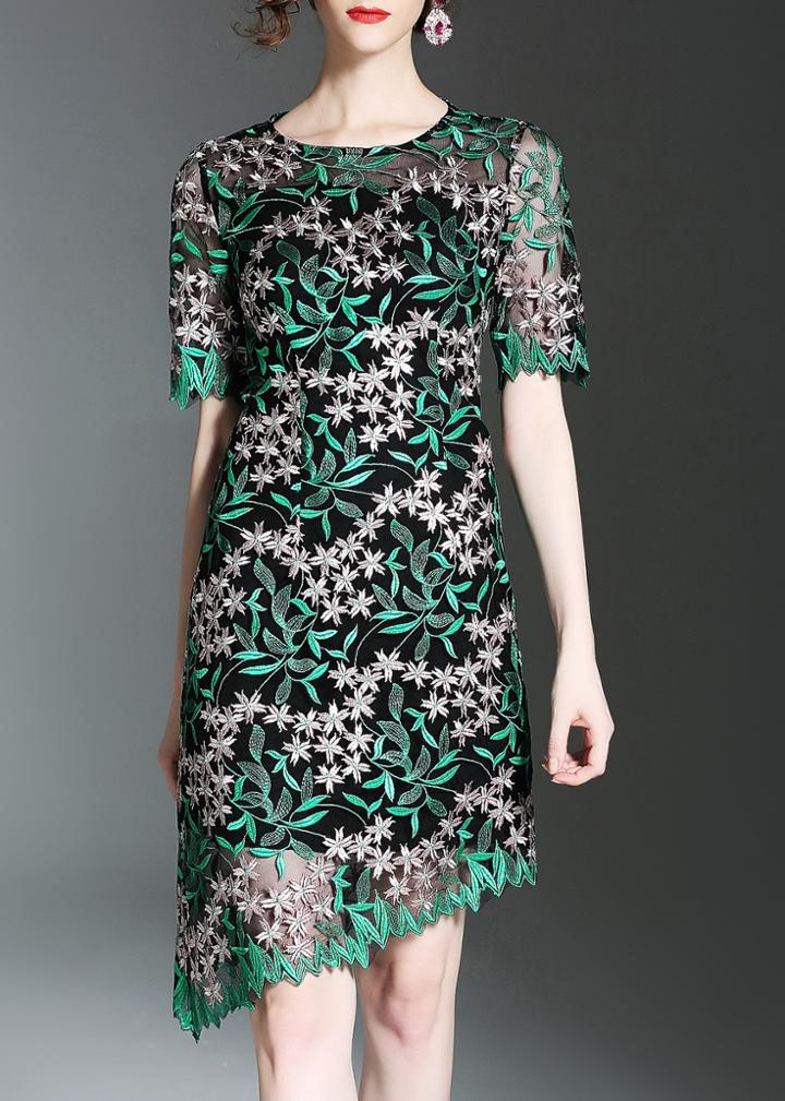 Shein Leaves Gauze Embroidered Asymmetric Dress