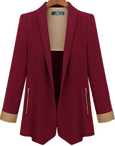Shein Wine Red Lapel Long Sleeve Fitted Blazer