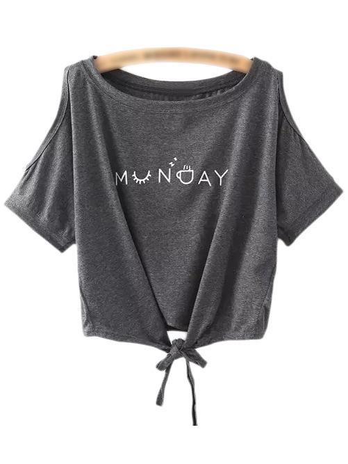 Shein Dark Grey Self-tie Bow Cold Shoulder Letter Printing T-shirt