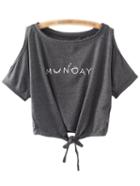 Shein Dark Grey Self-tie Bow Cold Shoulder Letter Printing T-shirt