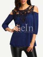 Shein Deep Blue Cold Shulder Lace Yoke Chiffon Blouse